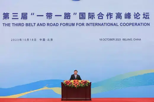 Chinese President Xi Jinping speaks at the opening ceremony of the Belt and Road Forum (BRF) to mark the 10th anniversary of the Belt and Road Initiative at the Great Hall of the People in Beijing.