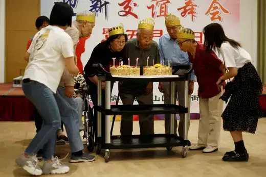 New residents celebrate birthdays at a care home for the elderly in Beijing, China on May 25, 2021.
