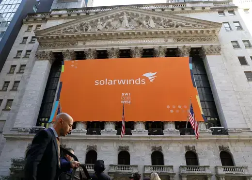 SolarWinds Corp. banner hangs at the New York Stock Exchange (NYSE) on the IPO day of the company in New York.