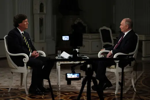 Russian President Vladimir Putin in an interview with U.S. pundit Tucker Carlson in Moscow.