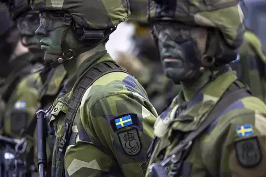 Swedish soldiers participate in military exercises near Stockholm, February 2024.