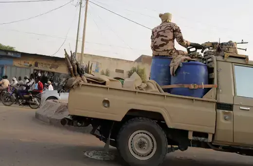 Members of the security forces drive along the market following the battlefield death of President Idriss Deby in N'Djamena, Chad April 26, 2021.