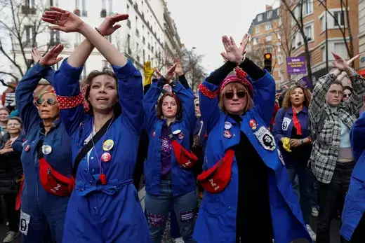 Women take part in a demonstration to call for gender equality and demand an end to violence against women to mark International Women's Day in Paris, France, March 8, 2024.
