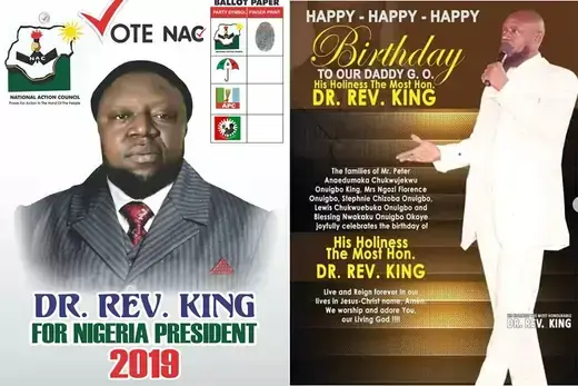 A former pastor of a Nigerian Pentecostal church is depicted in two advertisements, one for his birthday and the other for a 2019 presidential bid.