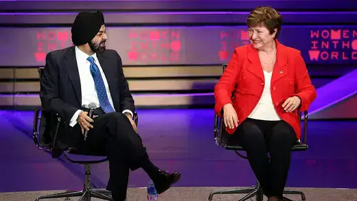  President and CEO at Mastercard Ajay Banga (L) and CEO at the World Bank Kristalina Georgieva speak on stage at the 8th Annual Women In The World Summit at Lincoln Center for the Performing Arts on April 7, 2017 in New York City. 