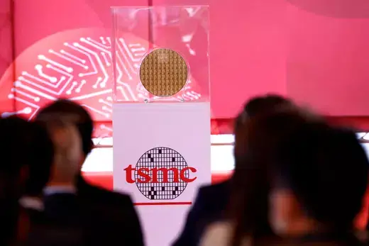 A wafer can be seen as taiwanese chip giant TSMC holds a ceremony to start mass production of its most advanced 3-nanometer chips in the southern city of Tainan, Taiwan December 29, 2022.