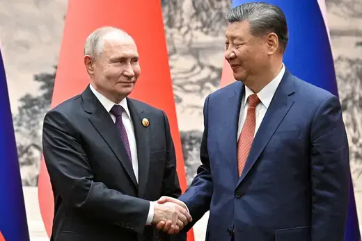 Russian President Vladimir Putin shakes hands with Chinese President Xi Jinping during a meeting in Beijing, China, on May 16, 2024.