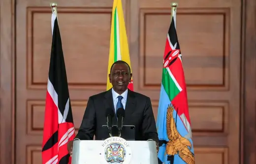 Kenya's President William Ruto addresses the nation following heavy rains and subsequent flooding in the country, at the State House in Nairobi, Kenya on May 3, 2024. 