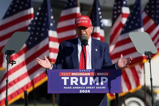 Republican presidential candidate and former U.S. President Donald Trump speaks during a campaign event in Freeland, Michigan, May 1, 2024. 