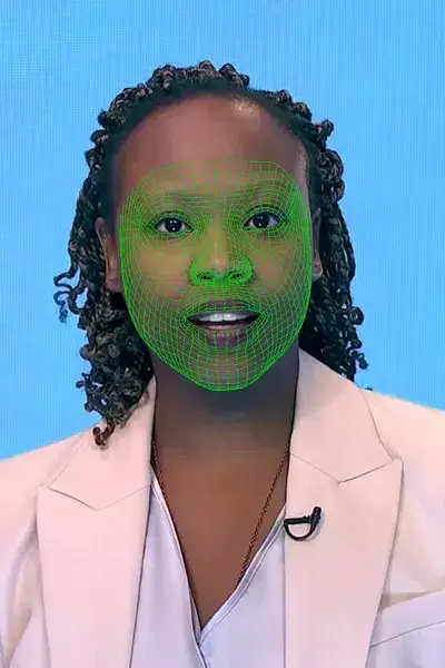 A green wireframe model covers an actor's lower face during the creation of a synthetic facial reanimation video, known alternatively as a deepfake, in London, Britain February 12, 2019.