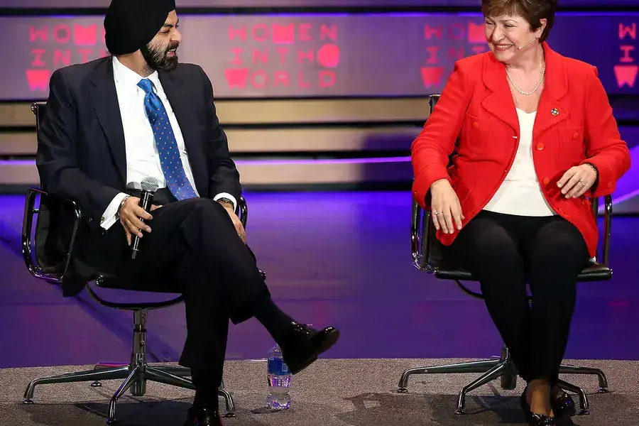 President and CEO at Mastercard Ajay Banga (L) and CEO at the World Bank Kristalina Georgieva speak on stage at the 8th Annual Women In The World Summit at Lincoln Center for the Performing Arts on April 7, 2017 in New York City. 