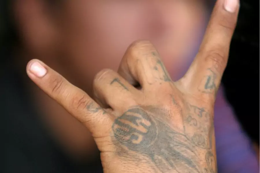 A gang member flashes a gang sign as police parade suspected gang members they arrested in an overnight raid in San Salvador