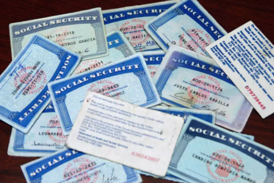 Counterfeit Social Security cards that were confiscated by Immigration and Customs Enforcement agents. (ICE Handout/Courtesy Reuters)