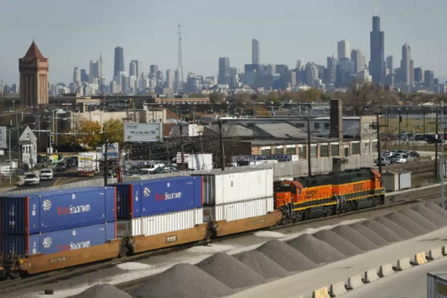 Burlington Northern Santa Fe trains make their way through a rail yard in Chicago in November 2009. (John Gress/Courtesy Reuters)