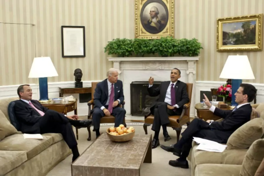 President Obama, Vice President Biden, House Speaker Boehner and House Majority Leader Cantor meet in the Presidential Oval Office on July 20, 2011 to discuss the debt ceiling. (White House Handout/Courtesy Reuters)
