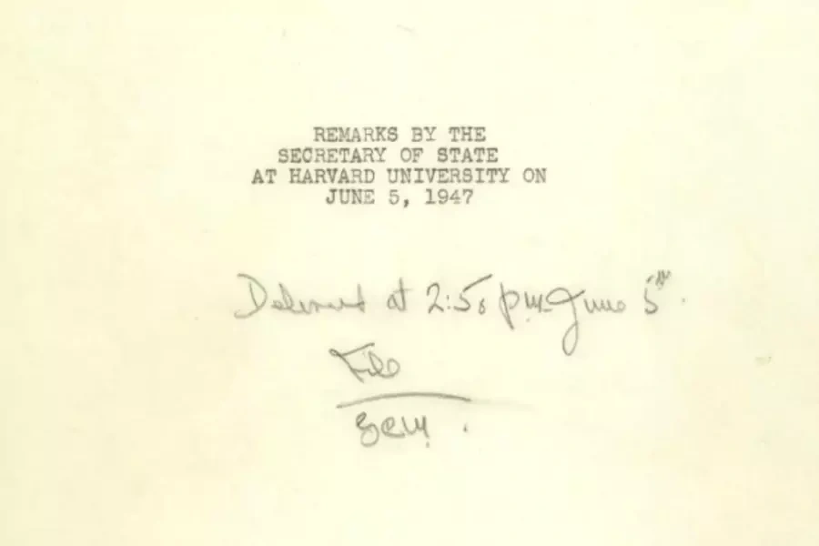 The title page of Secretary of State George C. Marshall's remarks at Harvard University on June 5, 1947. (George C. Marshall Foundation)
