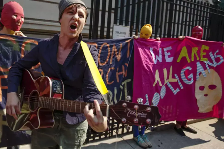Pussy Riot supporters demonstrate in front of the Russian consulate in New York. (Lucas Jackson/courtesy Reuters)