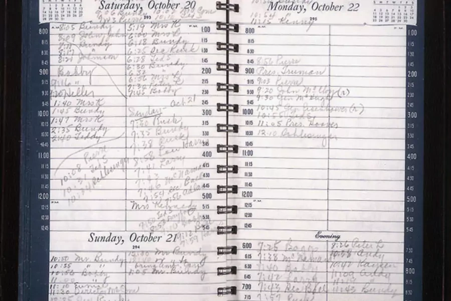 The day book of Evelyn Lincoln, President John F. Kennedy's personal secretary, shows JFK's busy schedule during the Cuban missile crisis. (John F. Kennedy Presidential Library and Museum, Boston, Massachusetts)