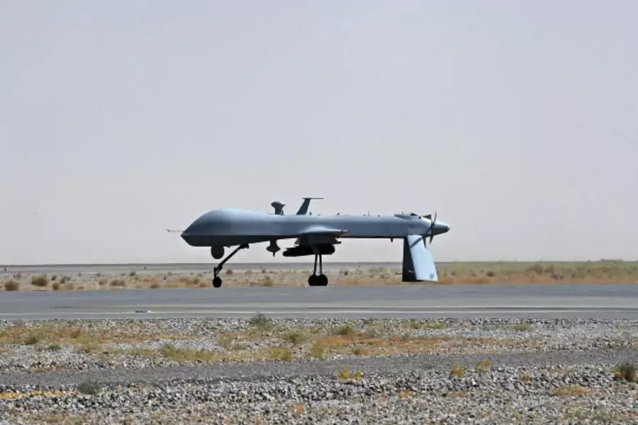 An armed drone prepares to take off in Afghanistan (Handout/Courtesy Reuters).