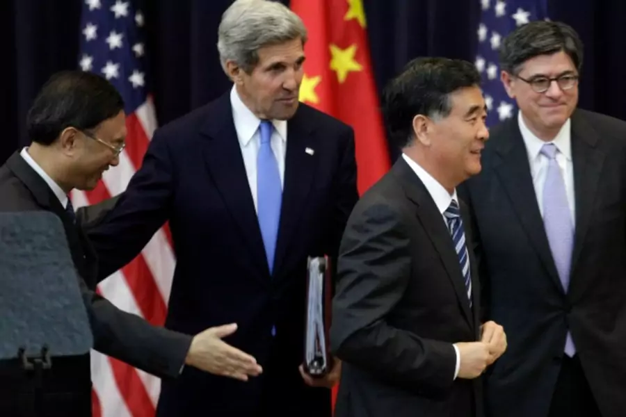 (L-R) Chinese State Councilor Yang Jiechi, U.S. Secretary of State John Kerry, Chinese Vice Premier Wang Yang and U.S. Treasur...e U.S.-China Strategic and Economic Dialogue (S&ED) Joint Opening Session at the State Department in Washington July 10, 2013.