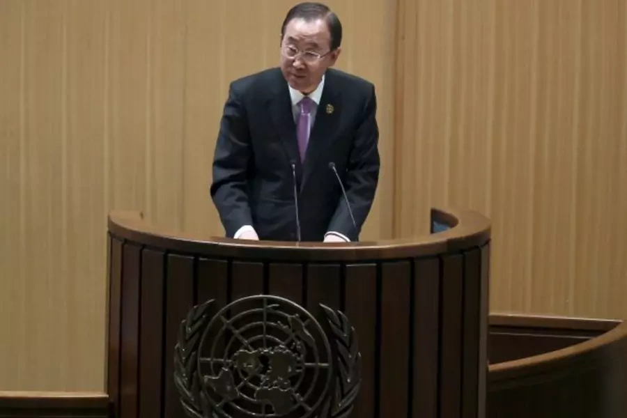 U.N. Secretary-General Ban Ki-moon addresses the opening of the Third International Conference on Financing for Development in Ethiopia's capital Addis Ababa, July 13, 2015 (Tiksa Neger, Reuters).