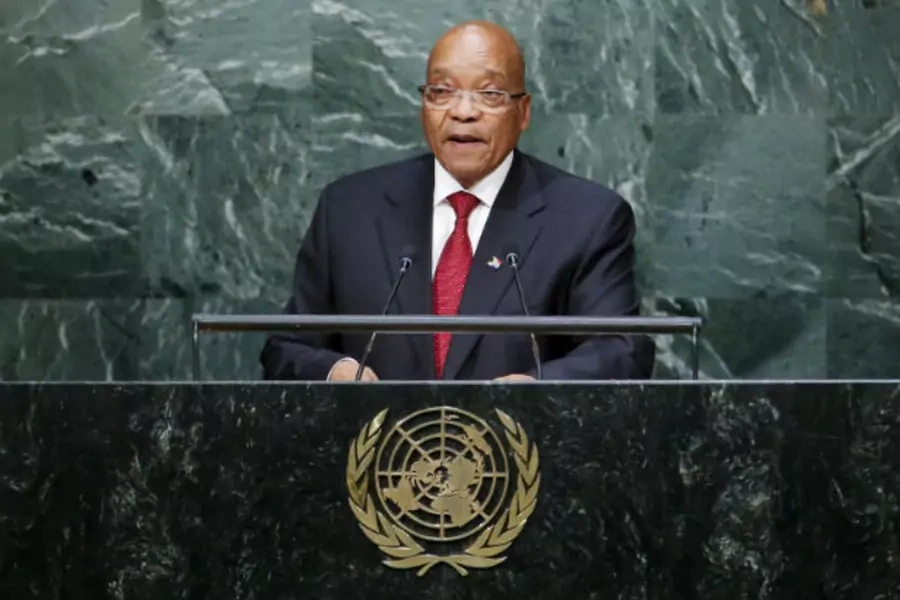 South African President Jacob Zuma addresses attendees during the seventieth session of the United Nations General Assembly at UN headquarters in New York on September 28, 2015.