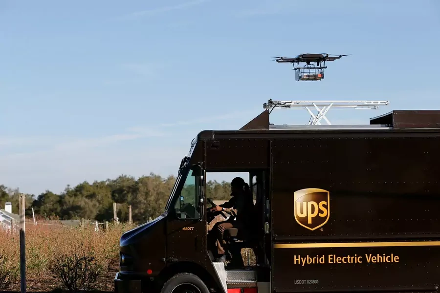 A drone demonstrates delivery capabilities from the top of a UPS truck during testing in Lithia, Florida