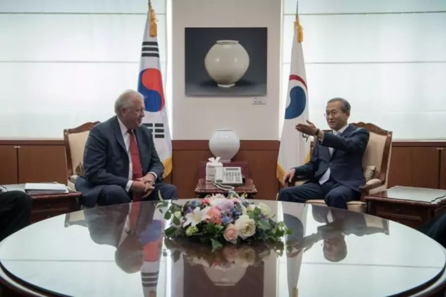 U.S. Deputy Secretary of State Thomas Shannon meets with South Korean First Vice Minister of Foreign Affairs Lim Sung-Nan at the Foreign Ministry in Seoul, South Korea June 14, 2017.