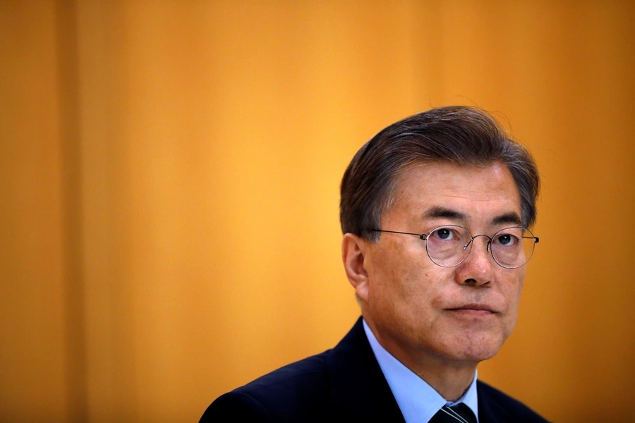 South Korean President Moon Jae-in attends an interview with Reuters at the Presidential Blue House in Seoul, South Korea.