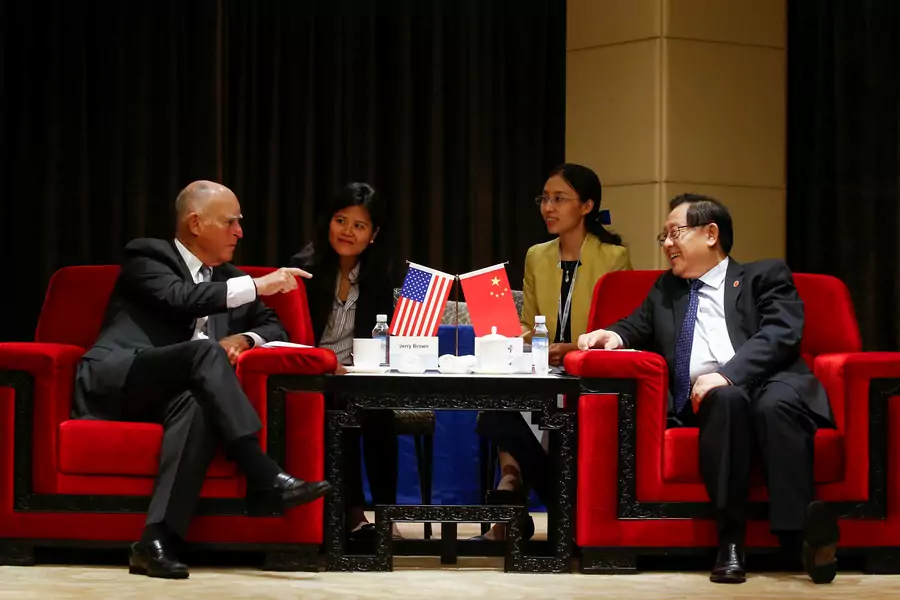 California Governor Jerry Brown meets with Chinese Minister of Science and Technology Wan Gang in Beijing, China, on June 6, 2017.