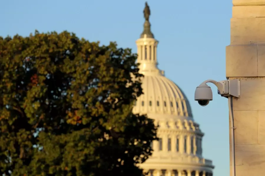 A security camera hangs near the U.S. Capitol in Washington, DC in November 2016.