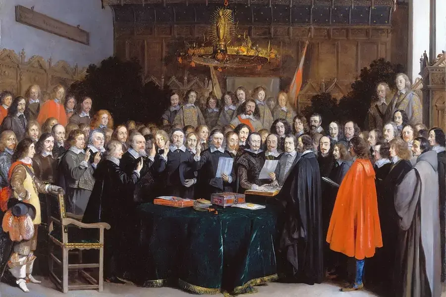 Gerard ter Borch's depiction of the ratification of the treaty of Münster on 15 May 1648 that formed a part of the Westphalian peace following the Thirty Years War. 