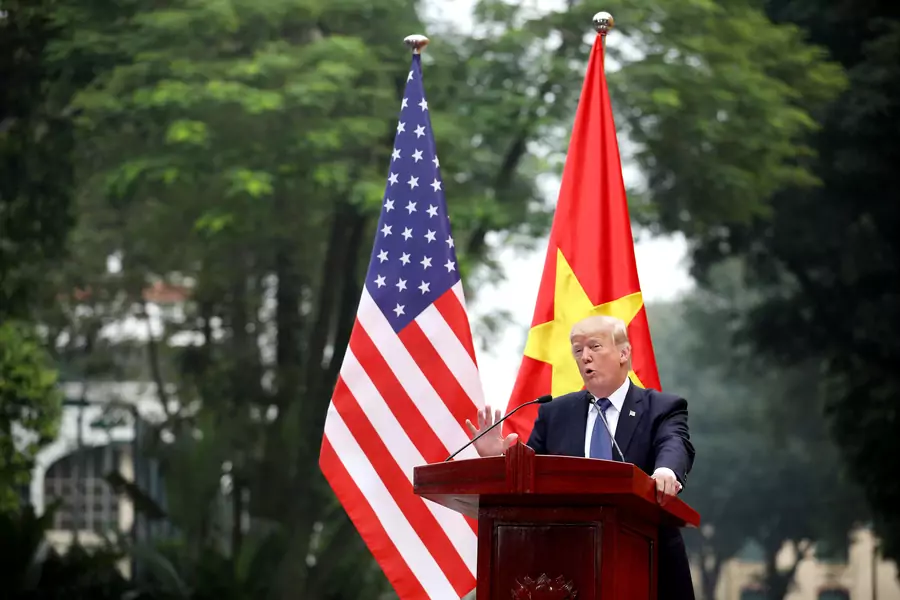 US President Donald J. Trump speaks during a press conference at the Presidential Palace in Hanoi, Vietnam, on 12 November 2017. 