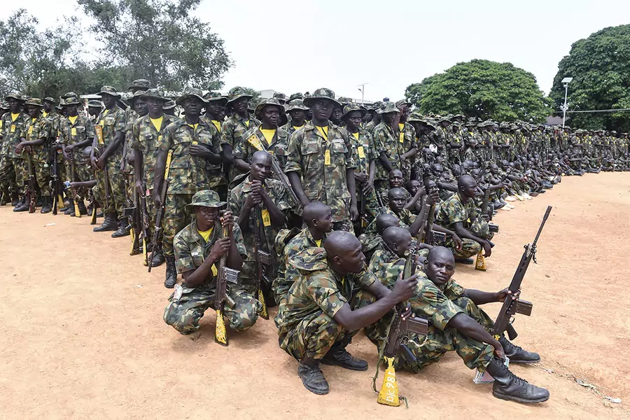 Recruits undergo training at the headquaters of the Depot of the Nigerian Army in Zaria, Kaduna State in northcentral Nigeria, on October 5, 2017. The military has been criticized for human rights abuses and claiming Boko Haram's defeat numerous times.