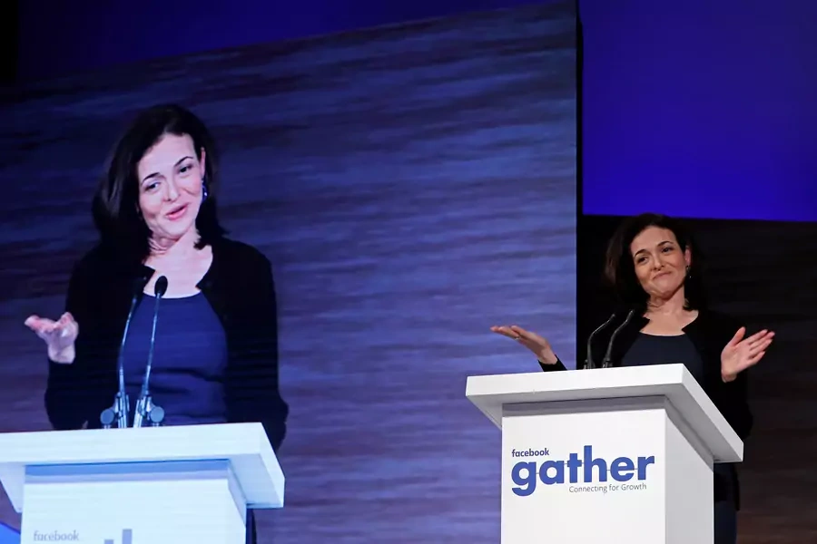 Sheryl Sandberg, Facebook's chief operating officer, addresses the Facebook Gather conference in Brussels on January 23, 2018. 