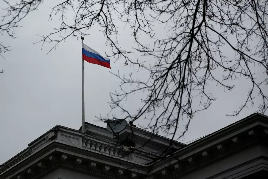 A Russian flag flies atop the Consulate General of the Russian Federation in Seattle on March 26, 2018.