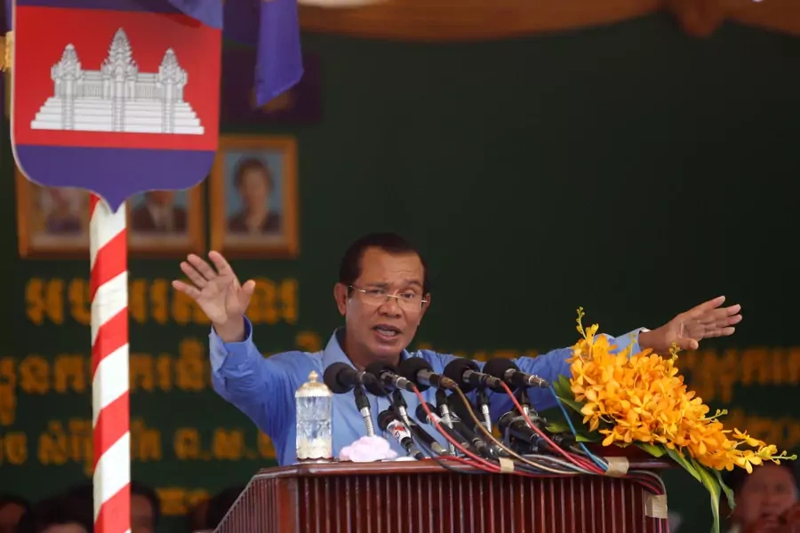 Cambodia's Prime Minister Hun Sen attends a rally in with garment workers in Kandal province, Cambodia, on May 30, 2018. 