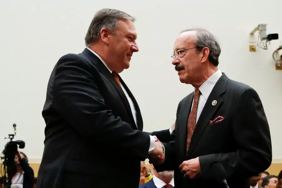 U.S. Secretary of State Mike Pompeo shakes hands with House Foreign Relations Committee Democratic Ranking member Rep. Eliot Engel (D-NY) before a hearing of the U.S. House Foreign Affairs Committee on Capitol Hill in Washington, DC on May 23, 2018.