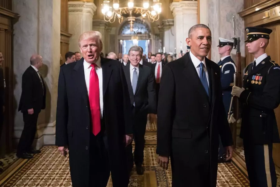 Then President-Elect Donald J. Trump and President Barack Obama arrive for Trump's inauguration ceremony in Washington, DC, on January 20, 2017.