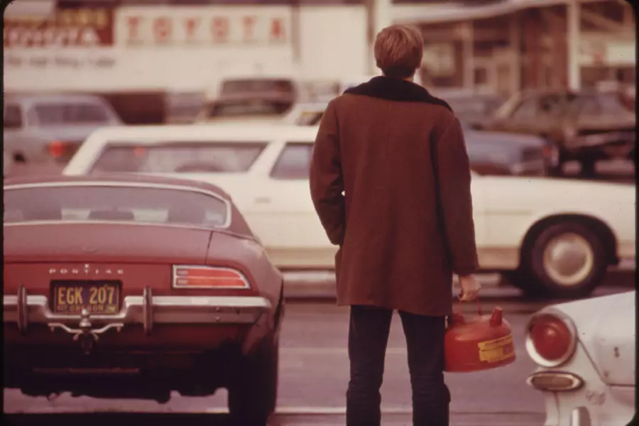 Some Motorists Ran Out of Gas Such as This Man in Portland and Had to Stand in Line with a Gas Can During the Fuel Crisis in the Pacific Northwest. 