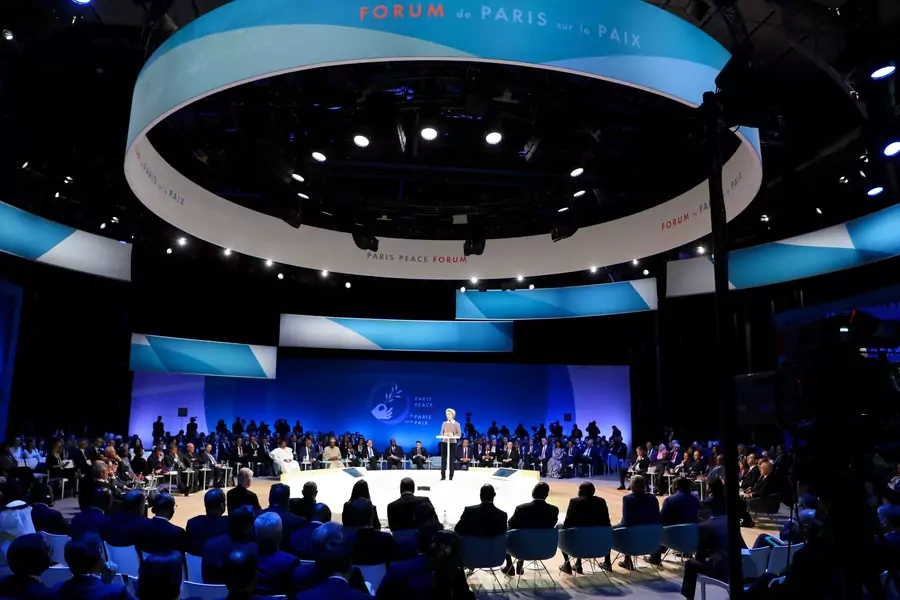 European Commission President Ursula von der Leyen delivers a speech at the start of the Paris Peace Forum on November 12, 2019.