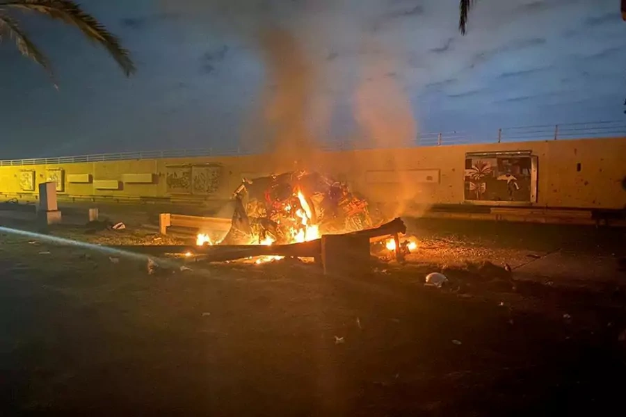 Debris burns outside Baghdad International Airport where a U.S. drone strike killed Iranian commander Qasem Soleimani and seven others on January 3. 
