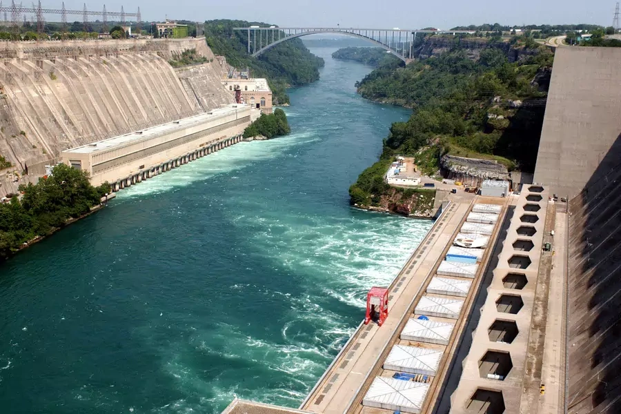 The Niagara River Gorge cuts through Ontario Hydro (L) and the Robert Moses Power Plant (R) at the United States-Canadian Border on August 15, 2003.