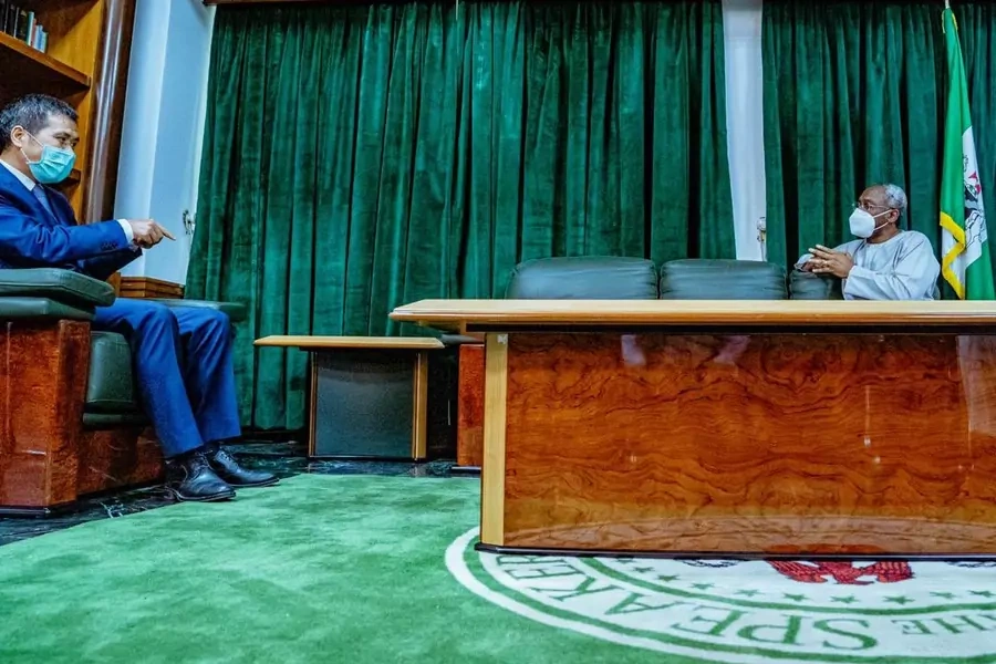 Femi Gbajabiamila, speaker of the Nigerian House of Representatives, meets with Zhou Pingjian, the Chinese ambassador to Nigeria, to discuss the mistreatment of Africans in China, on April 20, Abuja, Nigeria.