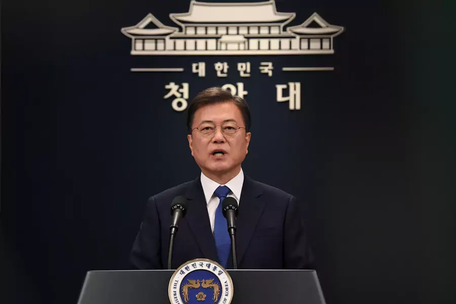 South Korean President Moon Jae-in speaks on the occasion of the third anniversary of his inauguration at the presidential Blue House in Seoul, South Korea, on May 10, 2020.