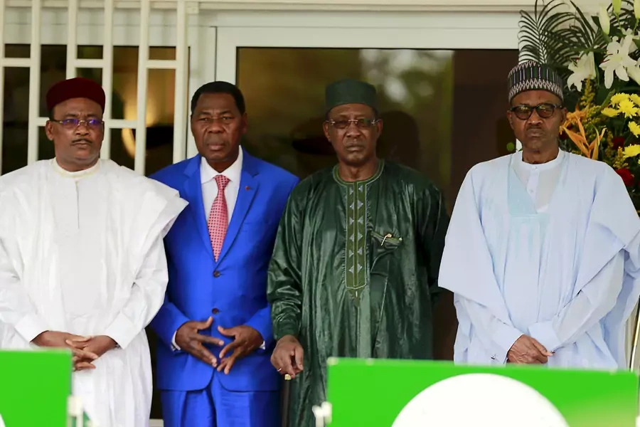 The heads of state, from left to right, of Niger, Benin, Chad, and Nigeria, at the Lake Chad Basin Commission heads of state meeting in Abuja, Nigeria, June 11, 2015. The Commission is the civilian oversight body of the MNJTF.