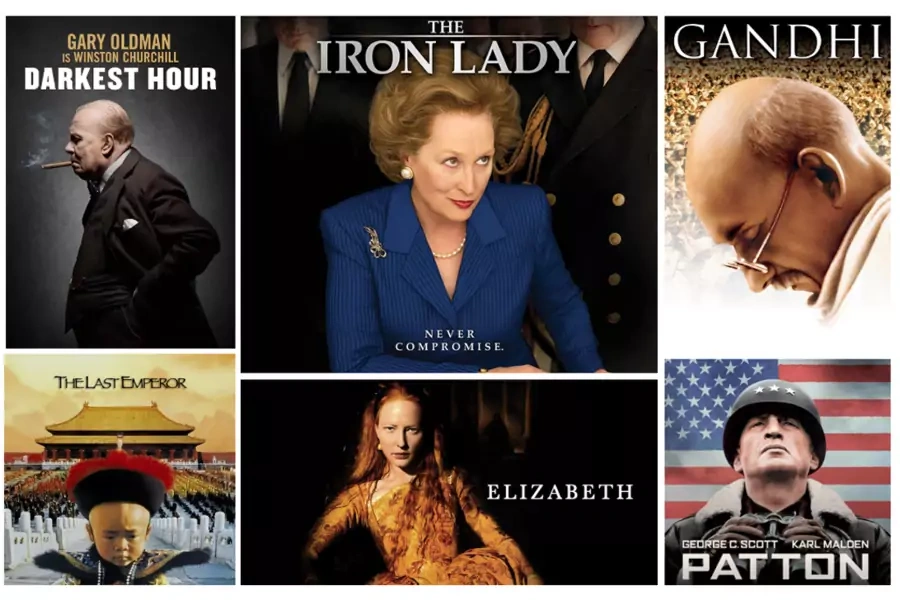 Images clockwise from the top left: Darkest Hour/Amazon; The Iron Lady/Amazon; Gandhi/Amazon; Patton/20th Century Studios; Elizabeth/Universal Pictures; The Last Emperor/Variety. 