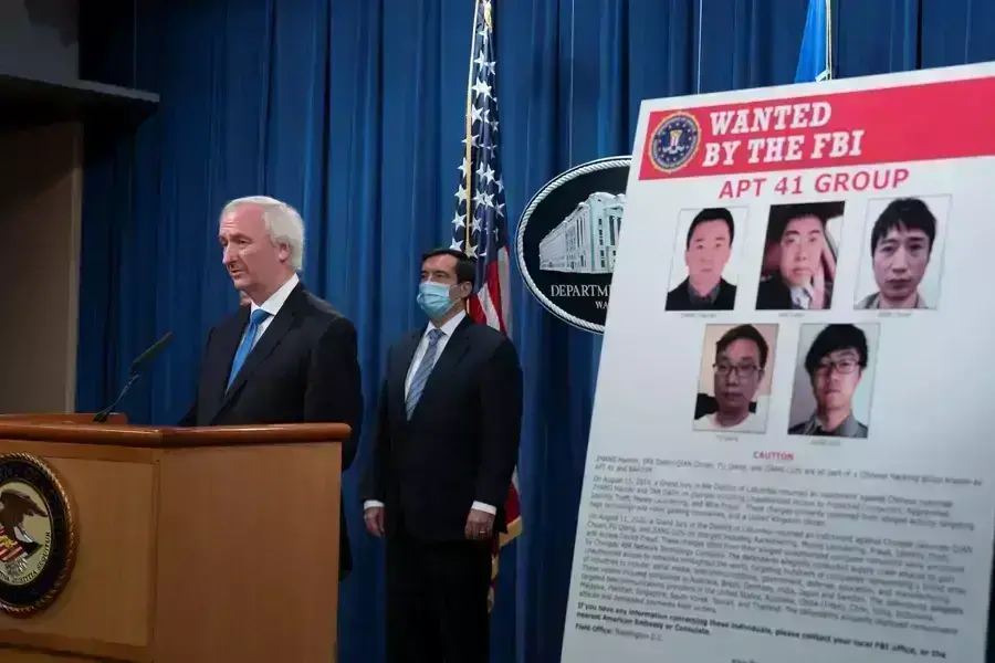 Deputy Attorney General Jeffery A Rosen speaks during a Justice Department's news conference to announce charges in China-related intrusion campaigns.