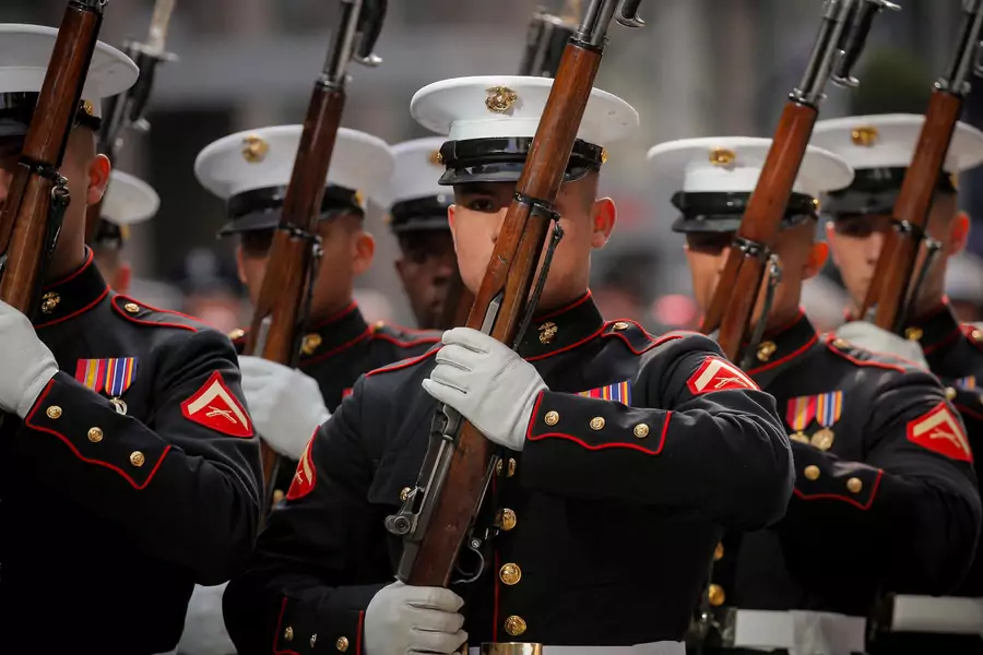 U.S. Marine Corps honor guard members march in the Veterans Day Parade in New York City on November 11, 2019. Brendan McDermid/Reuters