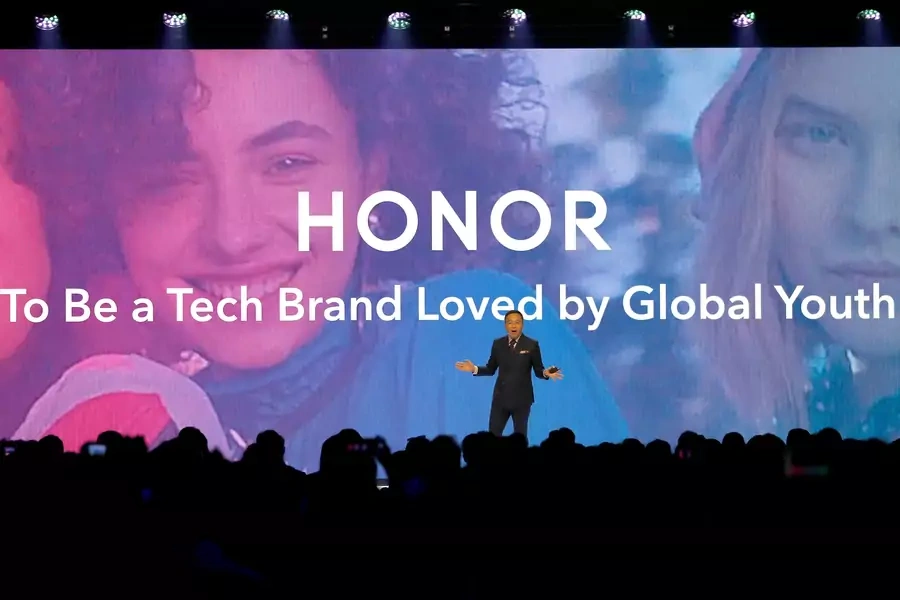 President of Huawei's Honor brand, George Zhao, launches the Honor 20 range of smartphones.